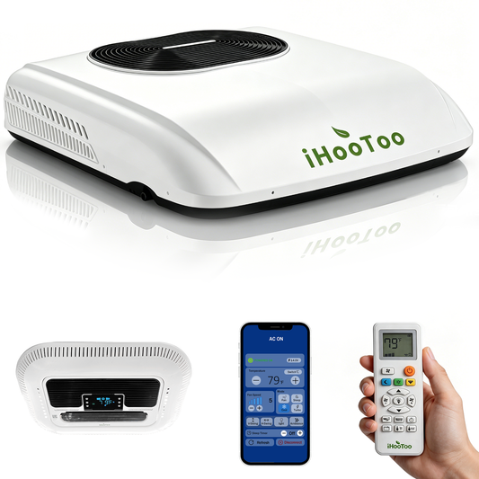 iHooToo 12V DC RV Air Conditioner, Voice & APP Control 10,000 BTU RV Rooftop AC Unit, Low Profile Battery Powered 12V Air Conditioner for Off-Grid Campers, RVs, Vans, Trailers, Boats,Tractors(2026 New Update)